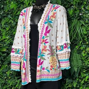 Chicos Cardigan Small White Tropical Pineapple Floral Multi Tassel Fringe 3641